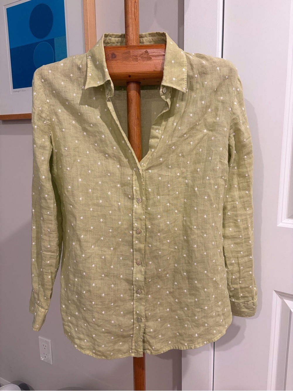 120% Lino Swiss Dot Linen Button Down Linen Shirt Size Medium 44